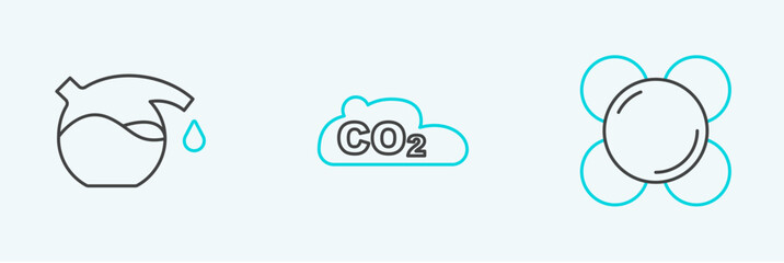 Set line Molecule, Test tube and CO2 emissions in cloud icon. Vector