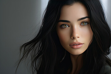 Naklejka premium Mystery and Beauty: A Close-Up of a Woman with Dark Hair