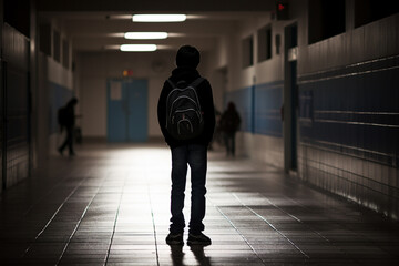 Fototapeta premium Generated by AI picture of an upset unhappy young person suffering from depression and bullying in dark school corridor
