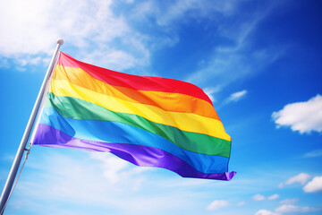 AI generative photography of bright colorful rainbow lgbtq+ flag isolated on blue sky background