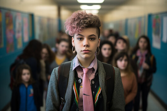 Photography of non binary teen person in school hallway with kids in the background generated by AI - Powered by Adobe