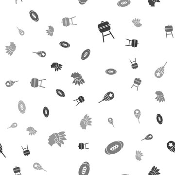 Set Barbecue grill, American Football ball, Balloons and Native Indian on seamless pattern. Vector
