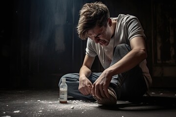 Young man sitting near drug bottle on the street with depression and negative expression on dark background. - obrazy, fototapety, plakaty