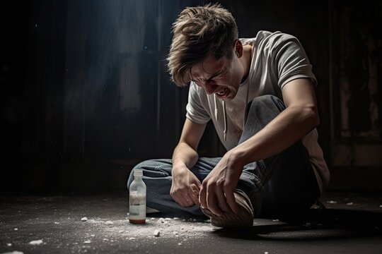 Young man sitting near drug bottle on the street with depression and negative expression on dark background.