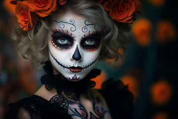 Portrait of beautiful woman daark witch halloween catrina made with Generative AI