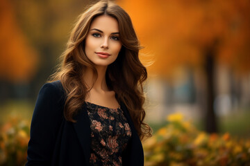 Fototapeta premium Generative Ai illustration of stunning woman surrounded by dry foliage autumn decorations background