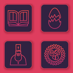 Set line Holy bible book, Priest, Broken egg and Easter egg in a wicker nest. Blue square button. Vector