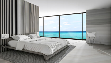 nterior of new luxury house, bedroom with sea view from the window
