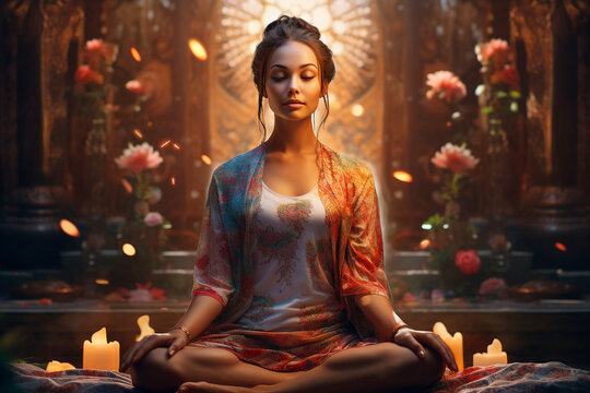 Generative ai collage photo of beautiful goddess shaman praying doing meditation