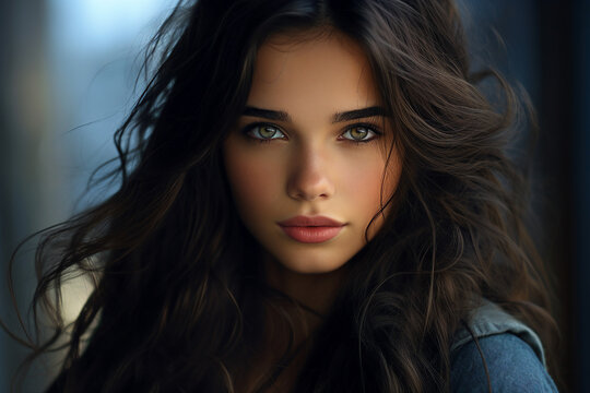 Generative Ai portrait of young girl woman brunette hairdo isolated over blurred lights background