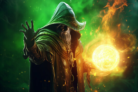 Generative ai collage picture of medieval wizard using dark magic fire spell