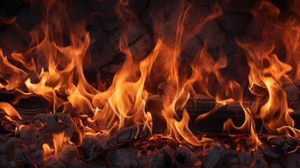 Intense Fire Flames on Dark Background - Hot Inferno Blaze