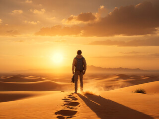 a wanderlust-inducing image of a solo traveler standing on the edge of a vast desert, as the sun sets over the horizon, casting warm, golden hues.