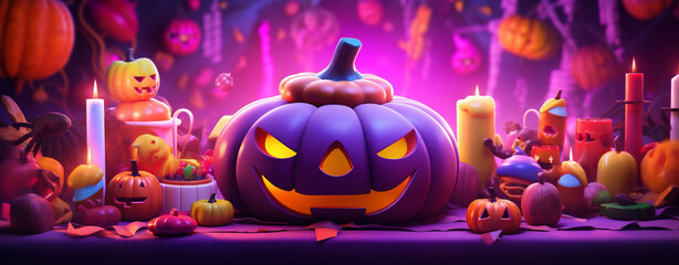 pumpkin purple party holiday halloween spider candy sweet orange celebration. Generative AI.