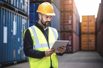 an engineer wearing PPE, consulting his tablet checking inventory or work details, cargo containers in the background. Technology in the import export and logistics of containerized goods concept - obrazy, fototapety, plakaty
