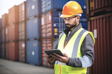 A foreman dressed in PPE, consulting his tablet verifying work information in real time, cargo containers in the background.Real-time connection for tracking  the import export and logistics 