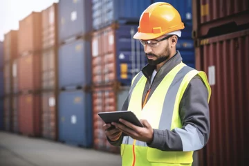 Foto auf Acrylglas A foreman dressed in PPE, consulting his tablet verifying work information in real time, cargo containers in the background.Real-time connection for tracking  the import export and logistics  © SnapVault
