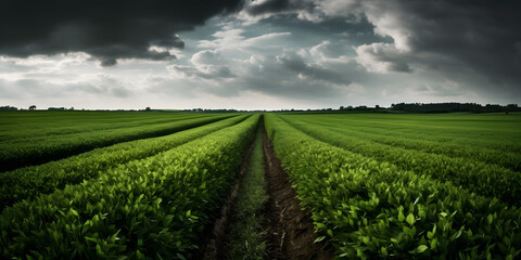 large green field of crops with a cloudy sky three generative AI - obrazy, fototapety, plakaty