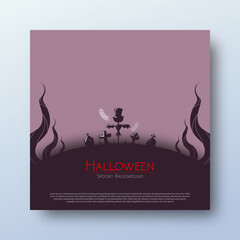 Halloween spooky background with scarecrow on cemetery for social media banner template for place text advertisement.