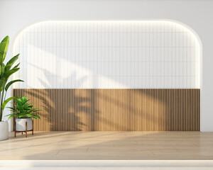 Modern Japanese style empty room with white patterned wall and lattice wall. Raised wooden floor and green indoor plants. 3D rendering
