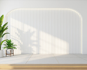Modern japan style empty room with white slat wall and a raised wooden floor, green indoor plant. 3D rendering