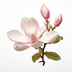 Magnolia Blossom, Bud, and Leaf Composition on White Background