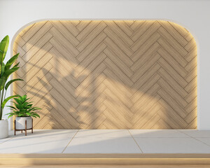 Modern japan style empty room with wood pattern wall and a raised wooden floor, green indoor plant. 3D rendering