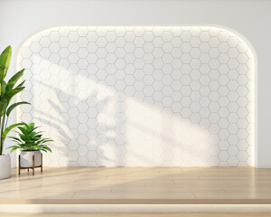 Minimalist style empty room with curved wall and white pattern wall, raised wooden floor and green indoor plant. 3D rendering