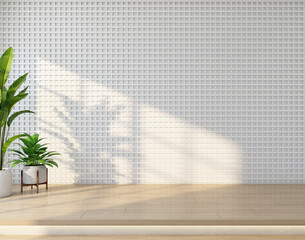 Modern japan style empty room with white lattice wall and a raised wooden floor, green indoor plant. 3D rendering