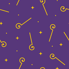 Seamless pattern with Sinterklaas's staff on dark purple background. Sint-Nicolaas or Saint Nicholas Day wallpaper. Dutch holiday celebration theme. Vector cartoon illustration.