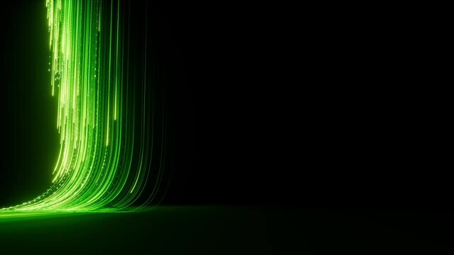 Abstract background of bright green neon rays and glowing lines flow down, move from right to the left and disappear. Looping animated background. Speed of light. Seamless loop animation