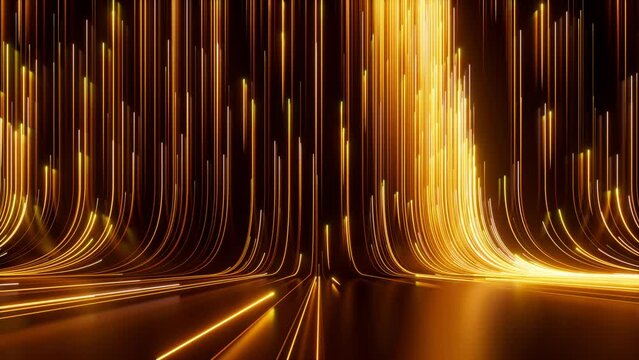 looping 3d animation. Abstract neon background of random golden yellow glowing lines sliding up endlessly. Futuristic animated wallpaper