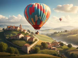 Obraz premium a dreamy and surreal scene of a hot air balloon drifting peacefully over a picturesque countryside, with rolling hills and charming villages below.