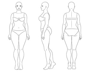 Plus size female fashion figure templates. Curvy woman body vector line illustration, front, side, and back views. Curvy fashion model croquis.