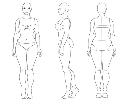 Plus size female fashion figure templates. Curvy woman body vector line illustration, front, side, and back views. Curvy fashion model croquis.