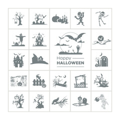 halloween icon concept set with cemetery, scary place and castle