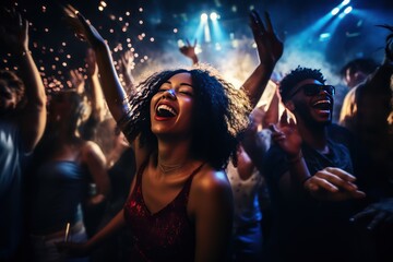 A large group of young people are dancing in a nightclub.