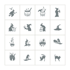 Obraz na płótnie Canvas witch icon set with cauldron silhouette, cat, hat