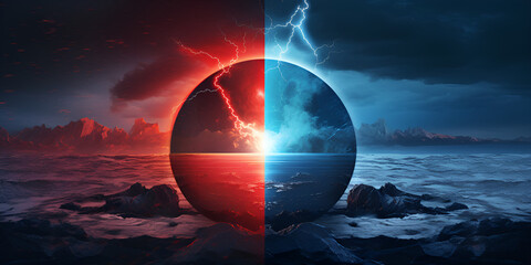 Blue and red magnet with lightning effect with North and south ocean at sunset. Sunset Sparks: Magnetism Over the North and South Ocean - obrazy, fototapety, plakaty