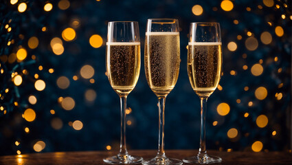Beautiful glasses with champagne, bokeh, festive background