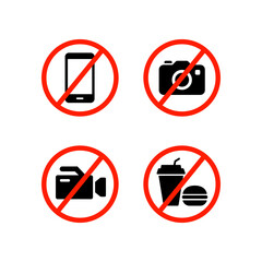 prohibition no camera, no mobile phone, no video recording, no food and drink signboard icon. flat style. Prohibited Stop fast food warning sign. vector illustration design on white background. EPS 10