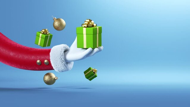 3d animation, funny cartoon Santa Claus hand appears from the left and holds wrapped gift box. Christmas animated greeting card