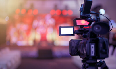 professional video camera with stream at a concert, live broadcast of the press conference stream to the Internet. - obrazy, fototapety, plakaty