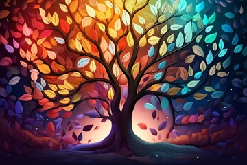 abstract tree with colorful circles abstract autumn tree painting . Colorful leaves forming a Tree of Life.