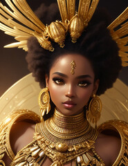 3d rendering of a beautiful African woman with gold and yellow toned clothing.