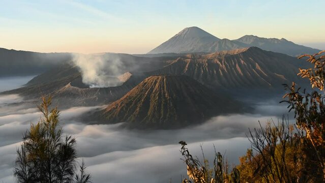 Time lapse video of Mount Bromo volcano in East Java, Indonesia. Smoke coming out of the crater