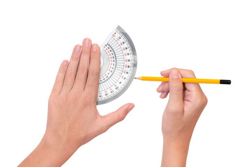 The boy uses a protractor to measure degrees. Math and engineering concepts for kids. white...