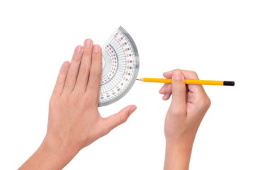 The boy uses a protractor to measure degrees. Math and engineering concepts for kids. white background and isolate.