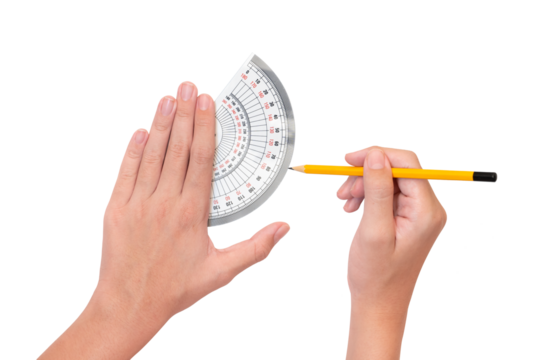 The boy uses a protractor to measure degrees. Math and engineering concepts for kids. white background and isolate. - Powered by Adobe