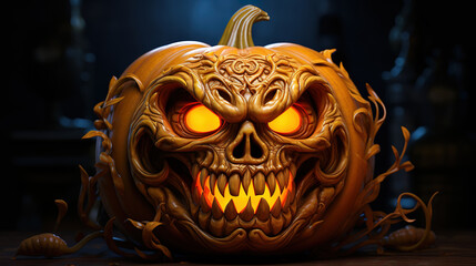 3d pumpkin on a wooden table against a defocussed spooky landscape. Generative Ai